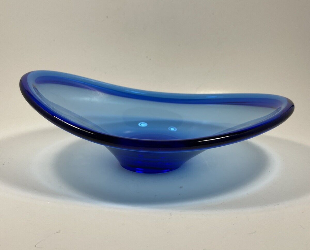 Vintage Art Glass Holmegaard Denmark Cobalt Blue 10.25 in Slanted Oval Bowl