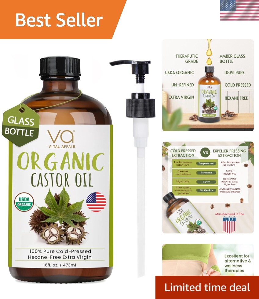 USDA Organic Cold Pressed Castor Oil 16oz Glass Bottle Multi-Use