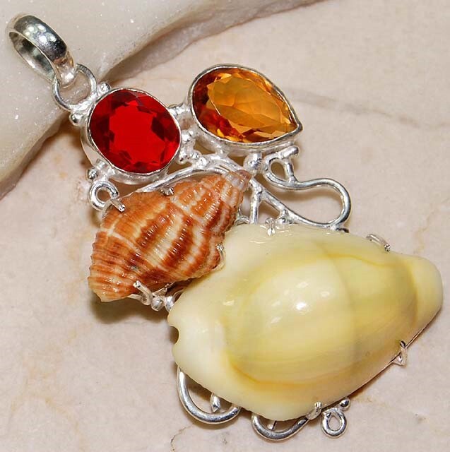 Natural Paua Shell Fire Garnet 925 Sterling Silver Pendant B14-7