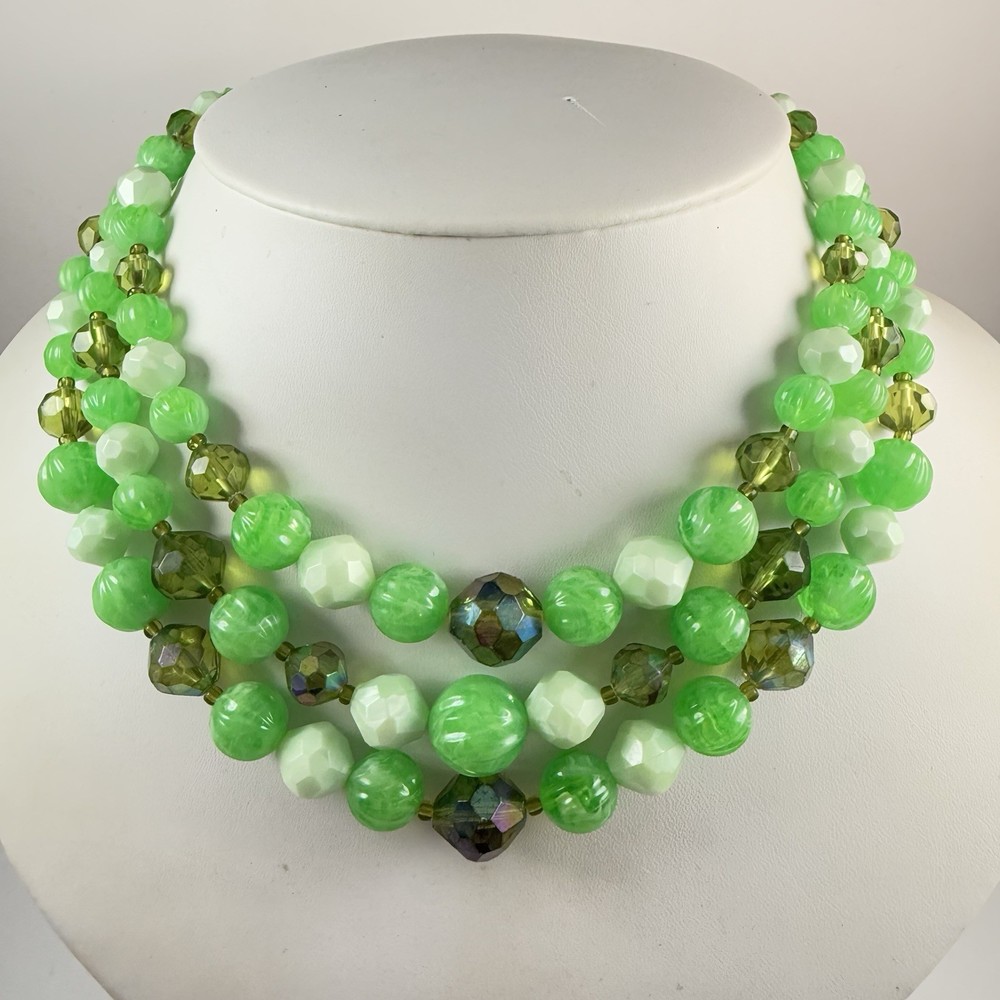 Vintage West Germany Plastic Green Beaded Multi Strand Necklace 16.5
