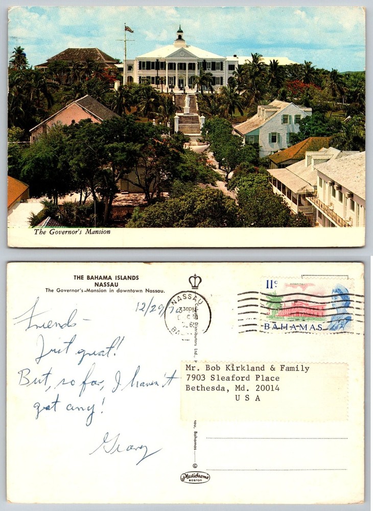 Vintage Governor's Mansion Nassau Bahamas Postcard 1970 Plastichrome