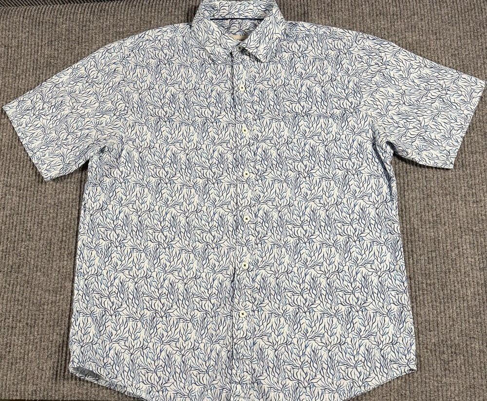 Bugatchi Shirt Mens Medium Stretch Tropical Short Sleeve Button Up Casual Blue