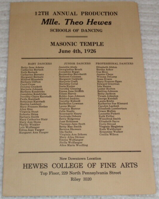 1926 Lester Horton Indianapolis Theo Hewes Original Dance Program