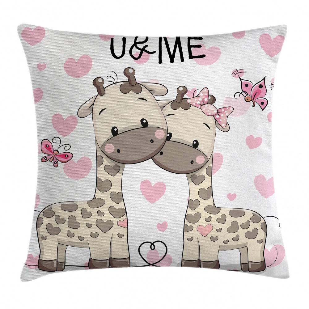 Kids Square Giraffe and Hearts Pillow Case 18 Inch Cushion Cover