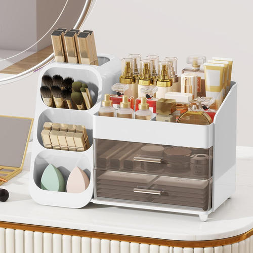 White Vanity Makeup Organizer with Drawers and Brush Holder