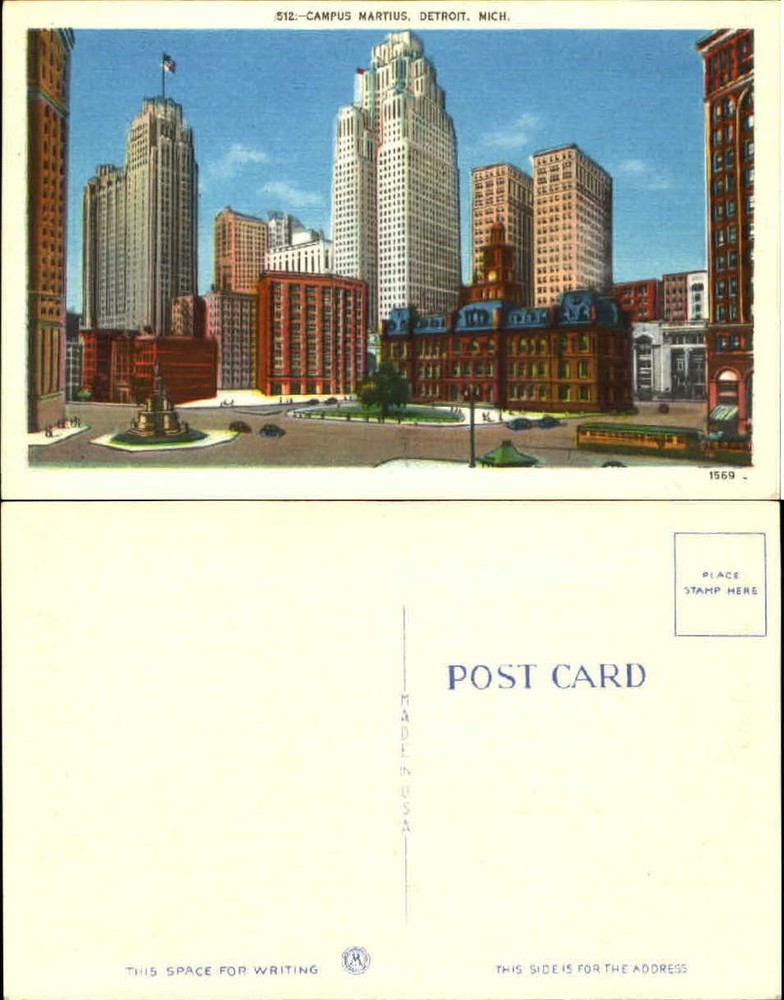 Campus Martius ~ Detroit Michigan ~ trolley streetcar ~ unused vintage postcard