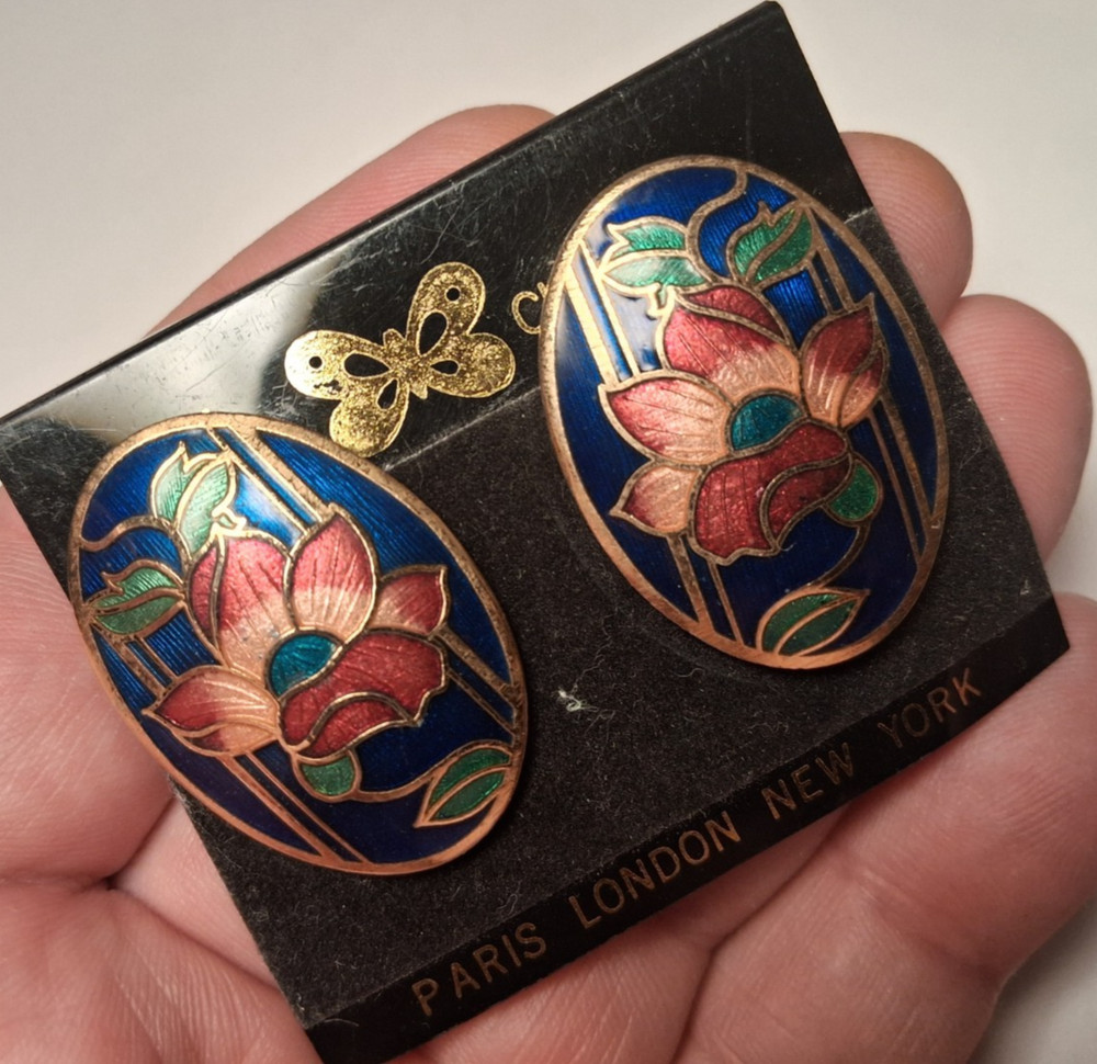 Vintage Cloisonné Enamel Oval Earrings Clip on Flower Floral Blue Green Pink