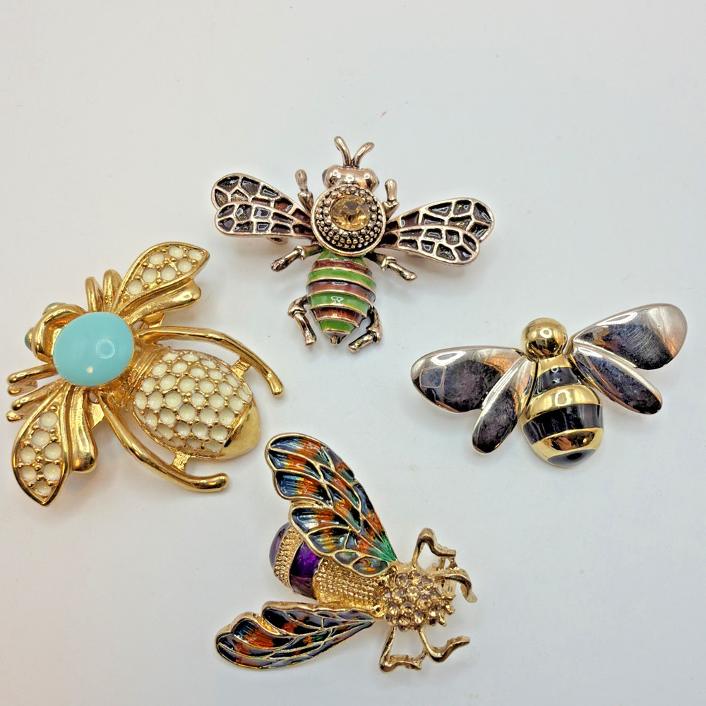 Bumble Bee Brooch Lot Of 4 Gold & Silver Toned Enamel & Rhinestones