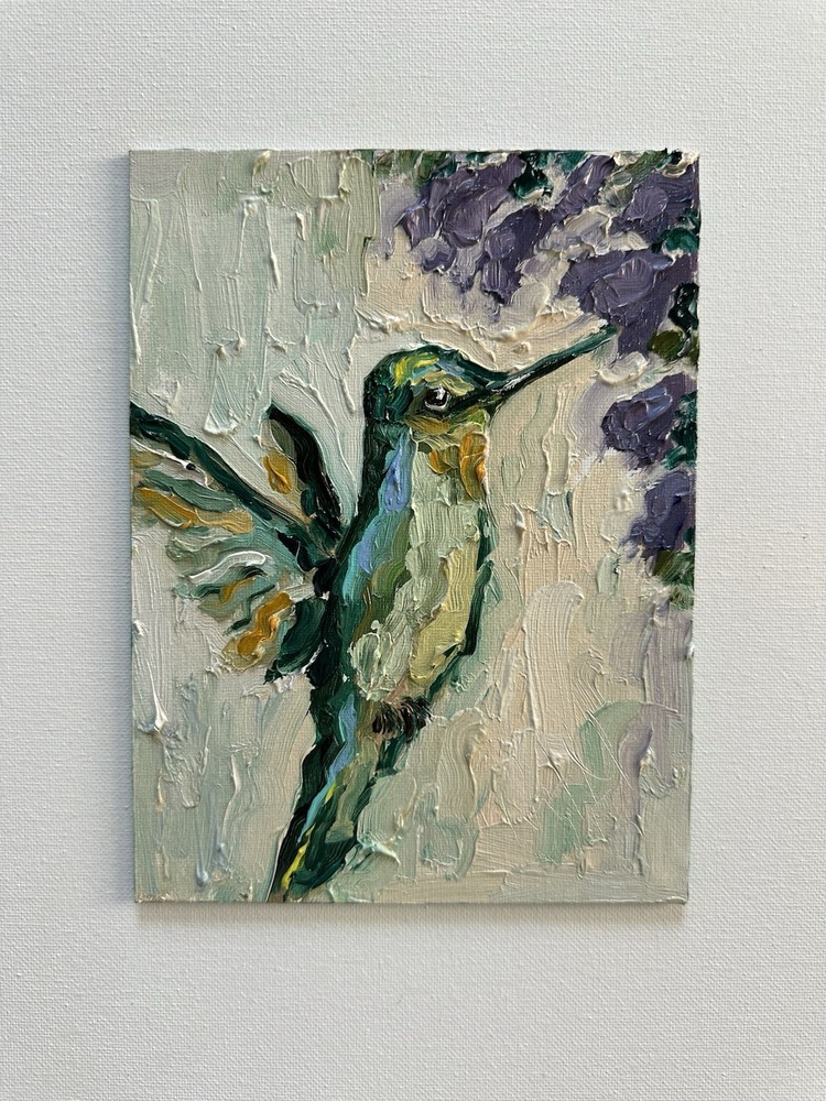 Original Impressionist Oil Painting Hummingbird Flower Nature Animal Art Canvas