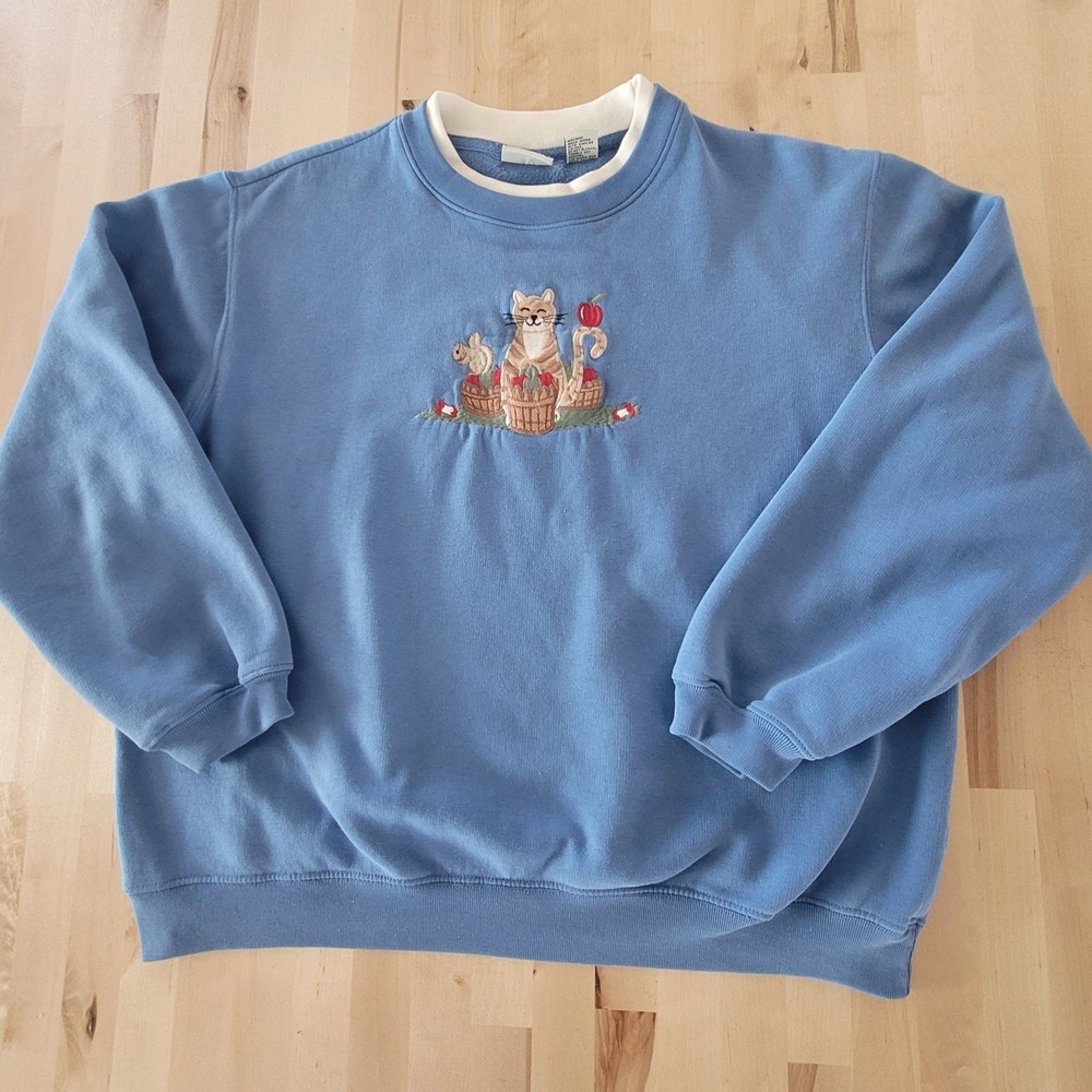 VTG Women’s Granny Core Blue Embroidered Sweatshirt Cat Red Apples Double Collar