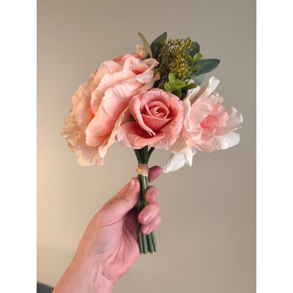 Lot of 4 Spring Pink Rose Peony Artificial Flower Bouquet Blush Silk Bridesmaid