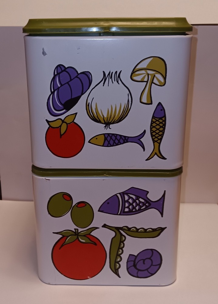 Set of 2 Vintage Mcm Decoware Tin Metal Stacking Canister Green Vegetables