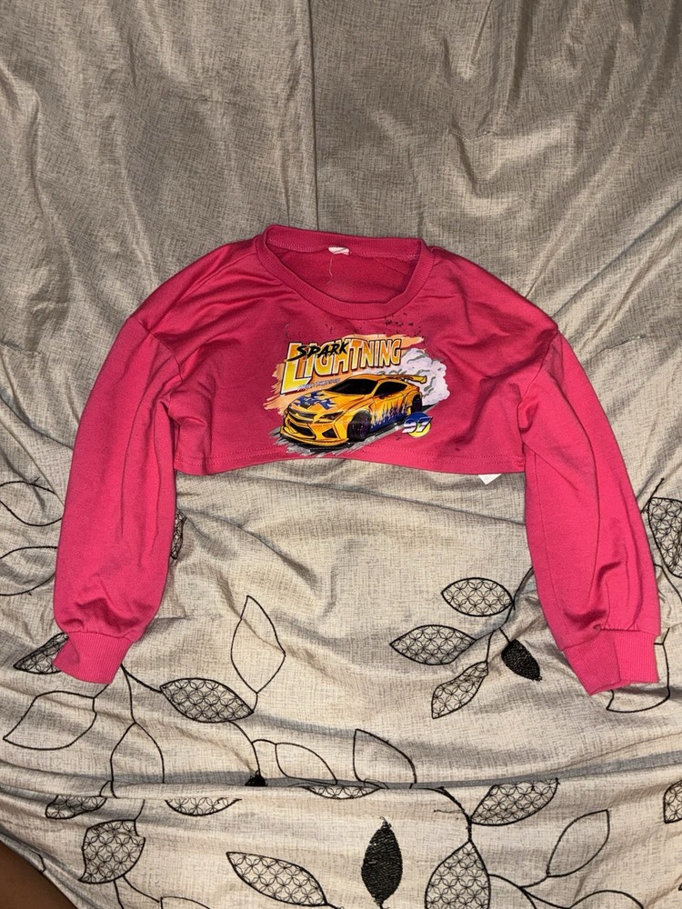 SHEIN Girls Pink Graphic Print Cropped Crew Neck Long Sleeve Casual Top Size 7Y