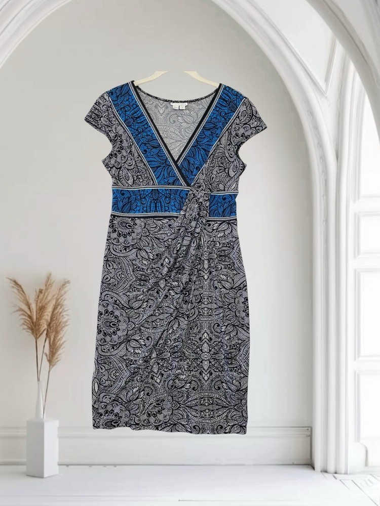 London Times Floral Faux Wrap Midi Dress Women’s Size 6 Stretch Pleated Ruched
