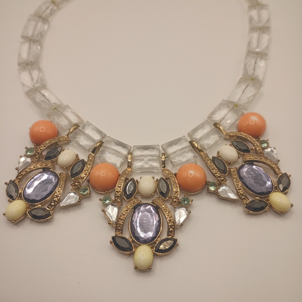 Vintage Statement Bib Necklace Clear Plastic Cube Beads Purple Orange Gold Tone