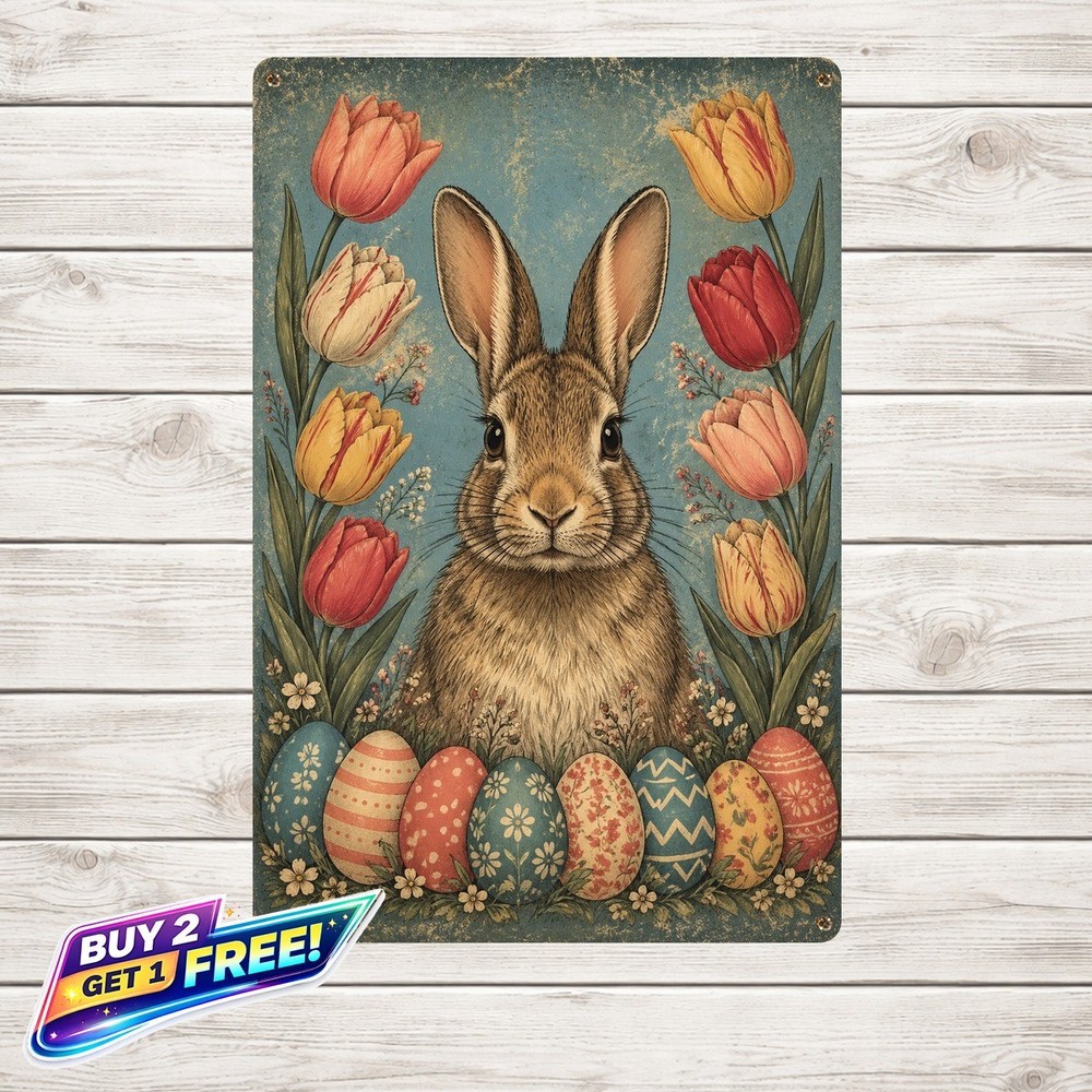 Spring Easter Bunny Rabbit Garden Metal Sign Outdoor Decor