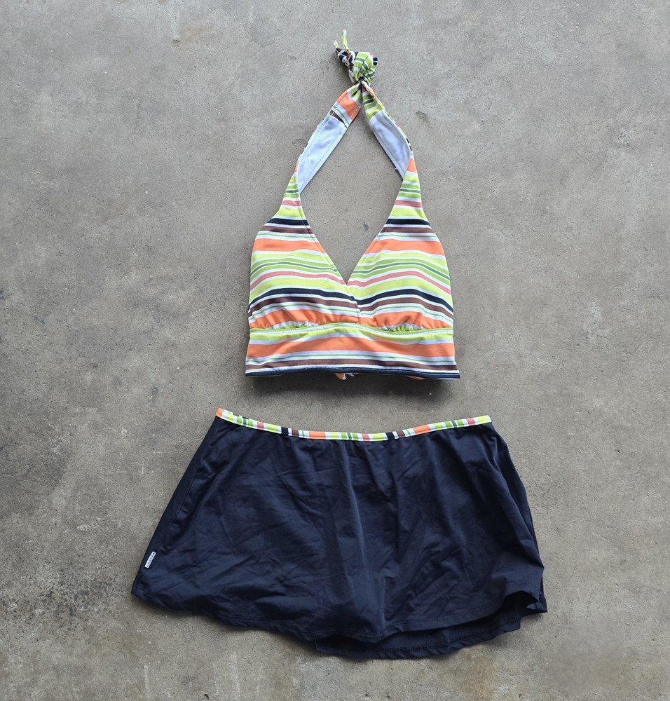 Vintage y2k Striped Halter Skirted Bikini Set Swimsuit 2pc Size Medium
