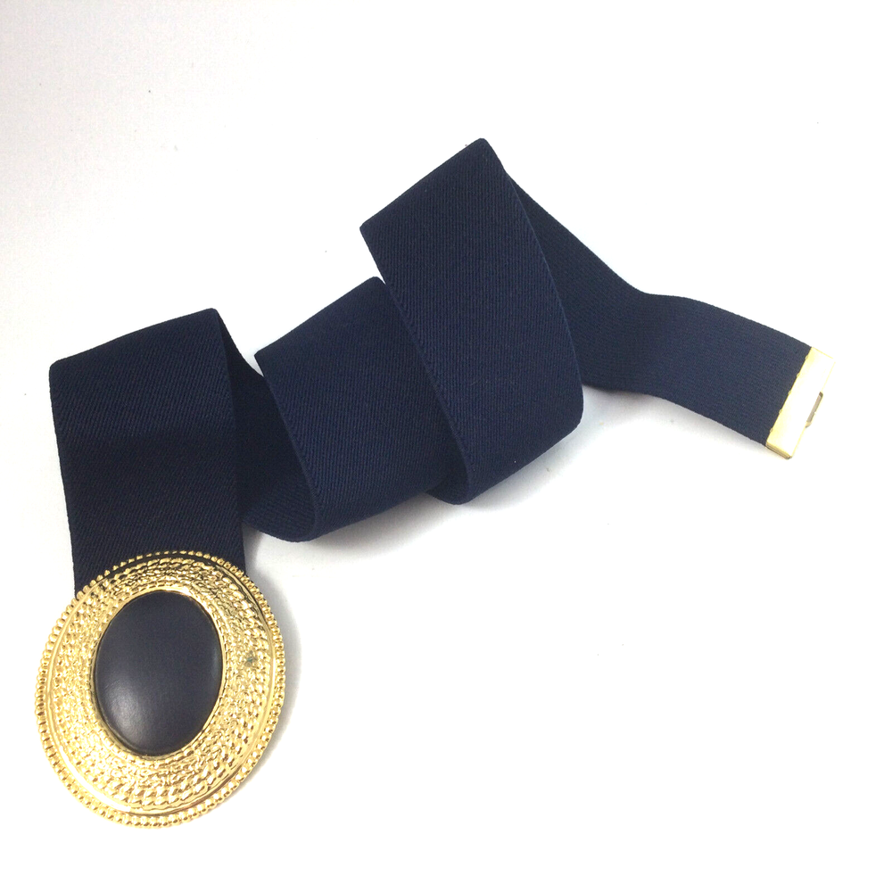 Vintage Day-Lor Belt Navy blue Stretchable Brass Gold Oval Buckle