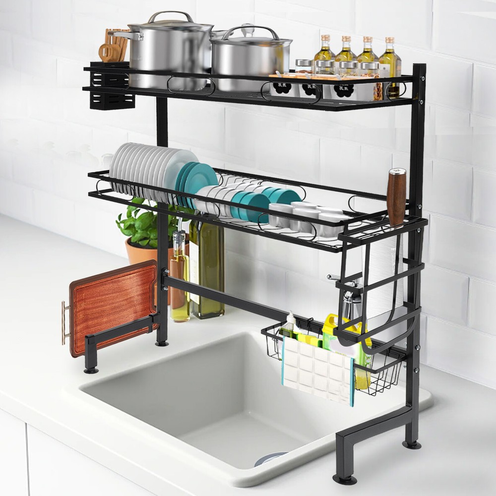 24.4'' 2 Tiers Adjustable Dish Drying Rack Large Drainage Over Sink Carbon Steel