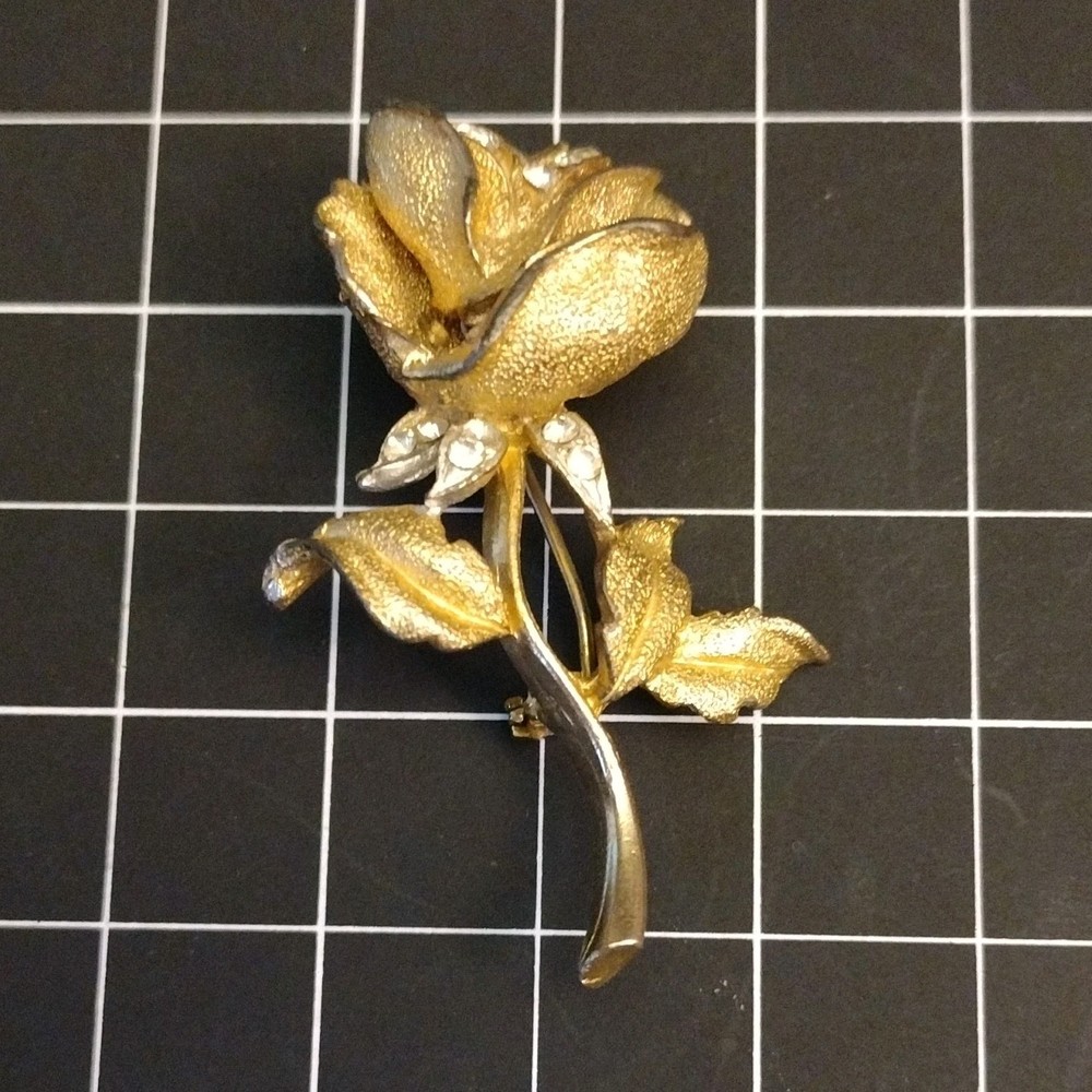 Vintage Gold Tone Rose Brooch Clear Rhinestones Signed BSK New York Flower Pin