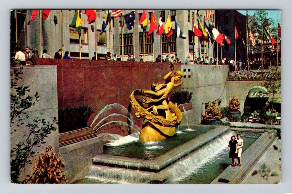 New York City NY, Rockefeller Center Plaza Prometheus Statue Vintage Postcard