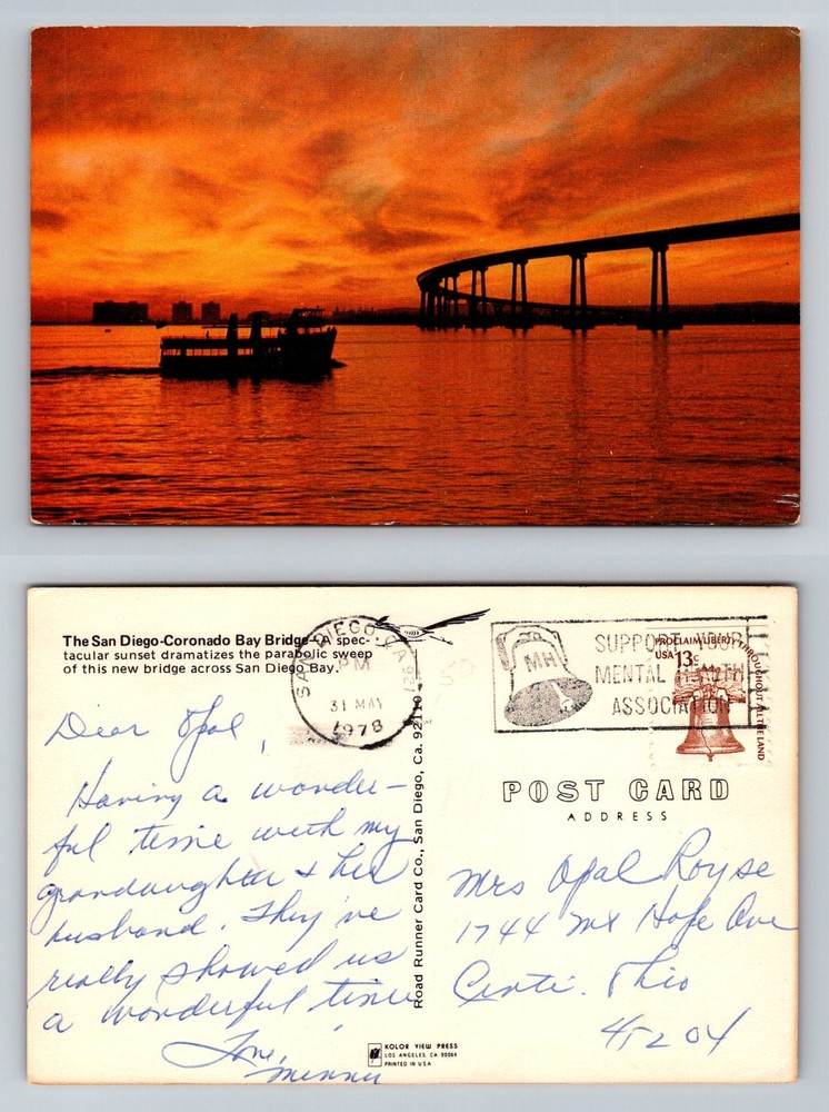 San Diego CA-California, Coronado Bay Bridge Sunset Waterfront Vintage Postcard