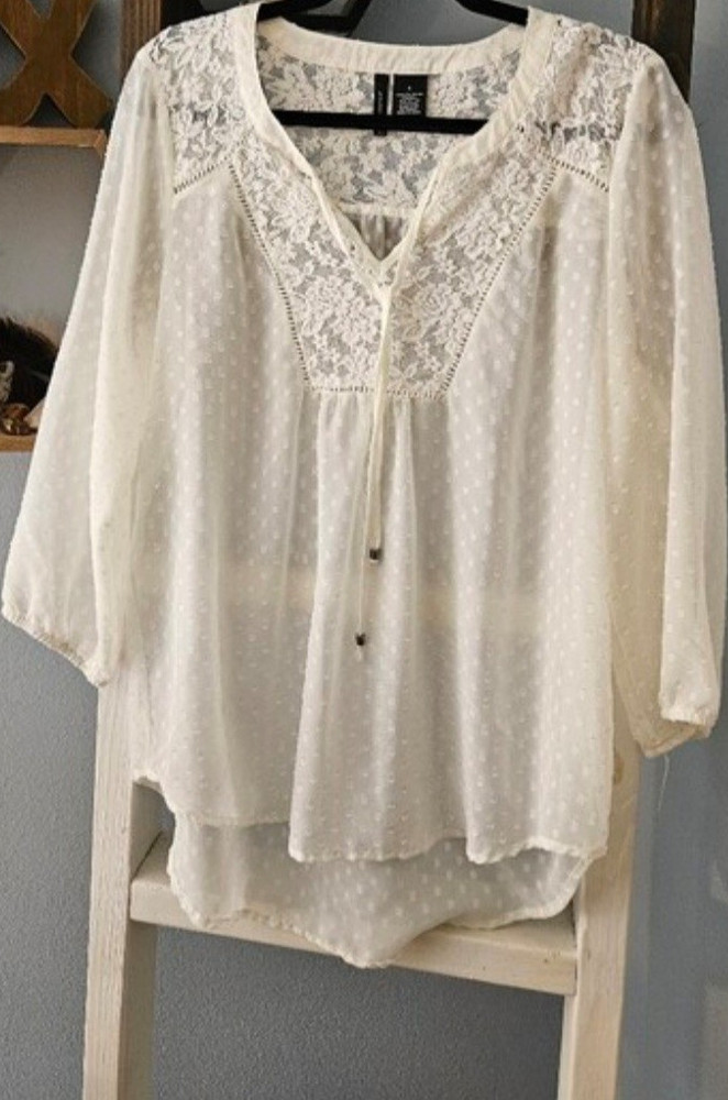 new direction Women's Ivory Lace Polka Dot V-Neck Tie 3/4 Sleeve Blouse L