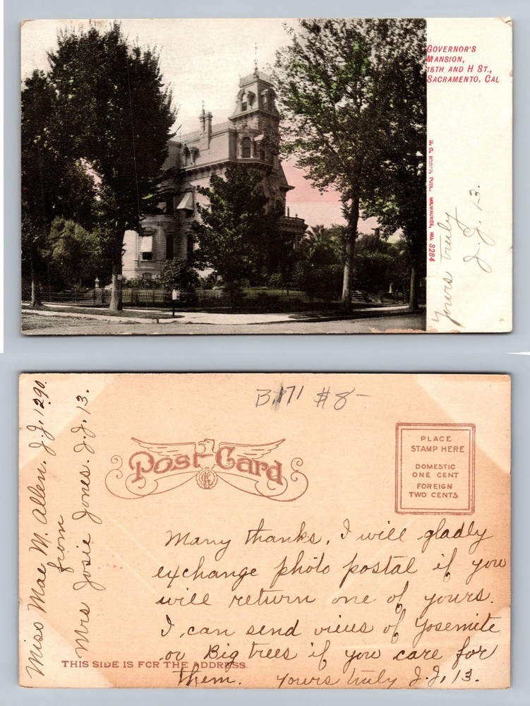 Sacramento, CA-California, Governor’s Mansion H St View Vintage Postcard