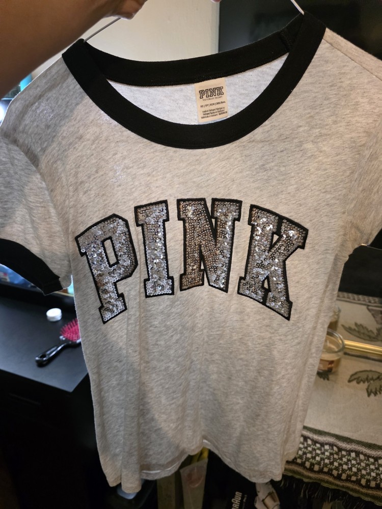 PINK Victoria's Secret Sequin Logo Gray Black Ringer T-Shirt XS