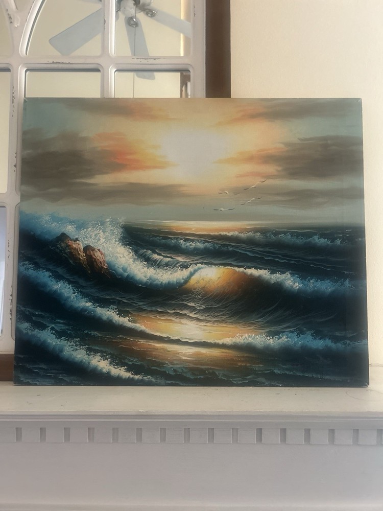 VINTAGE MID CENTURY MCM BEACH OCEAN SEASCAPE 23”x20” Original PAINTING