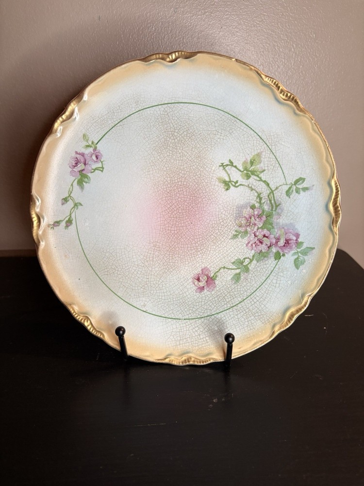 Vintage Floral Gold Rim Plate Pink Roses Crackle Glaze Cottagecore Shabby Chic