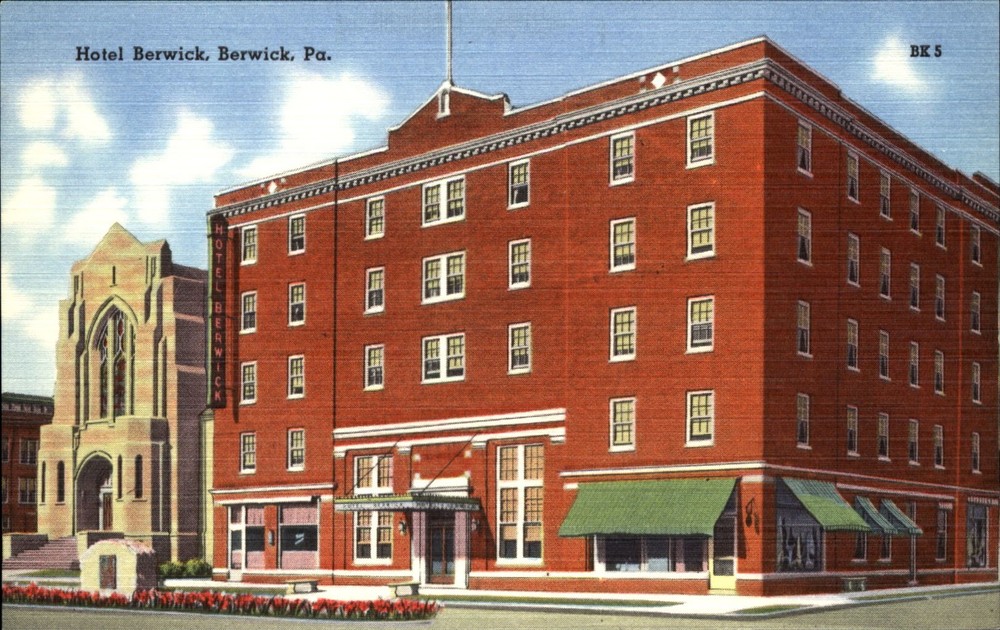 Hotel Berwick Pennsylvania PA church ~ 1940s vintage postcard