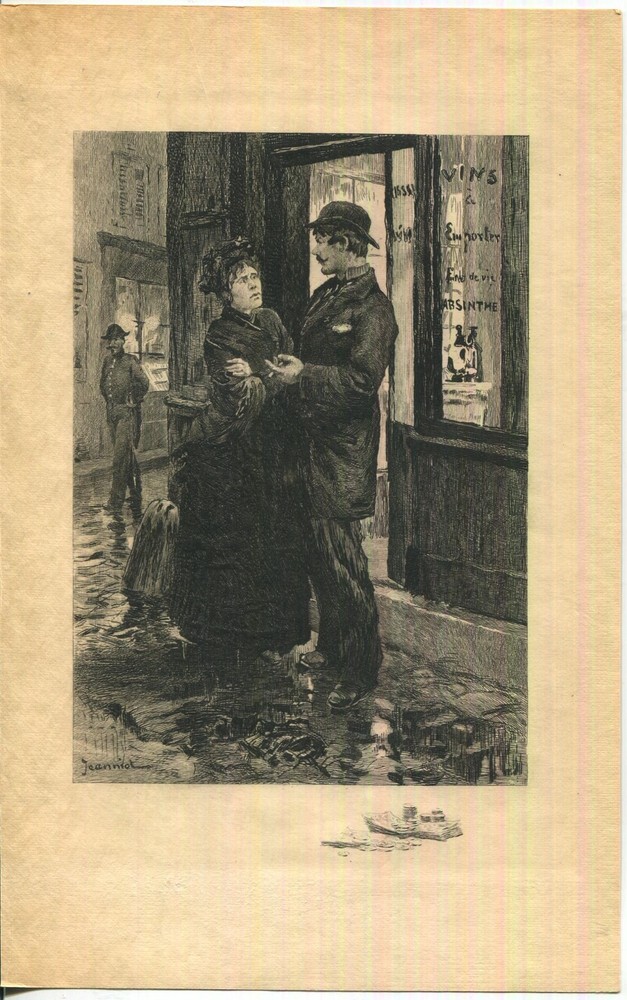 Antique French Wine Absinthe Shop Woman Man Rain Coins Money Bill Remarque Print-image