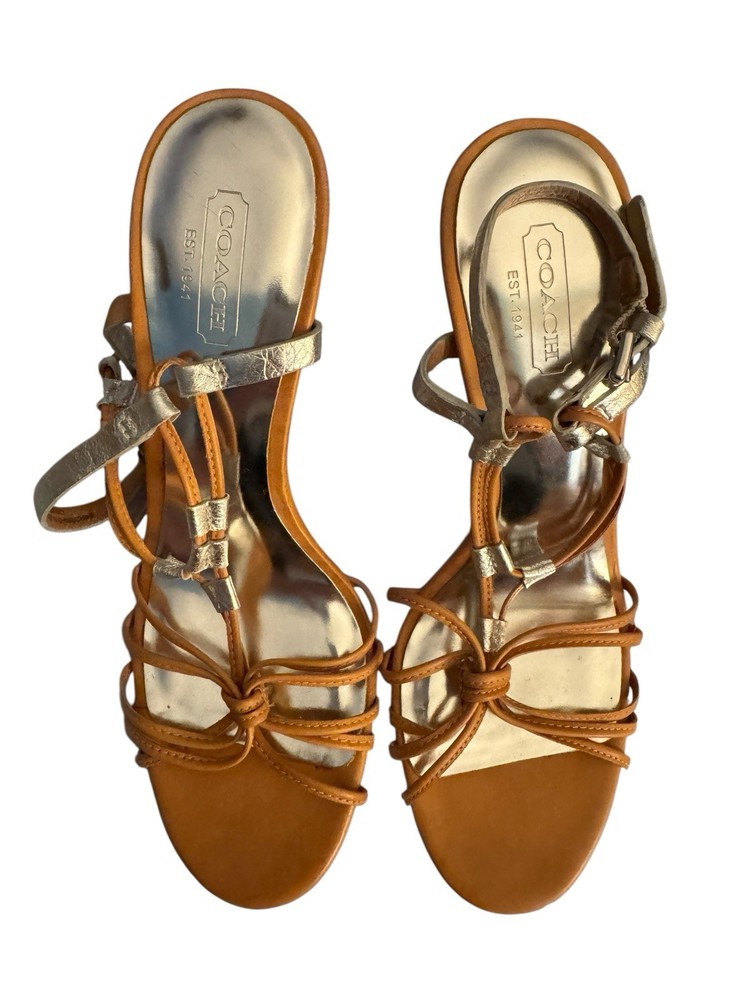 Coach Women's Brown Leather High Wedge Strappy Platform Shoes Size 6