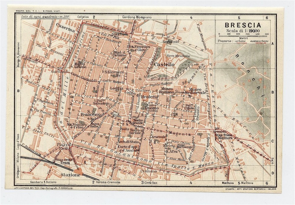 1927 Original Vintage City Map Of Brescia / Lombardy / Italy