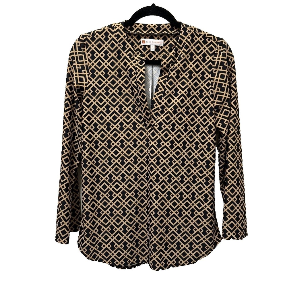 Jude Connally Blouse Top Tunic Shirt XS Black Beige Jude Cloth  Casual Work