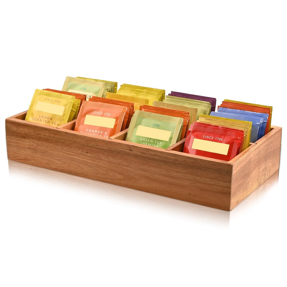 Acacia Wood Tea Bag Holder with 8 Slots for Organized Tea Storage-image