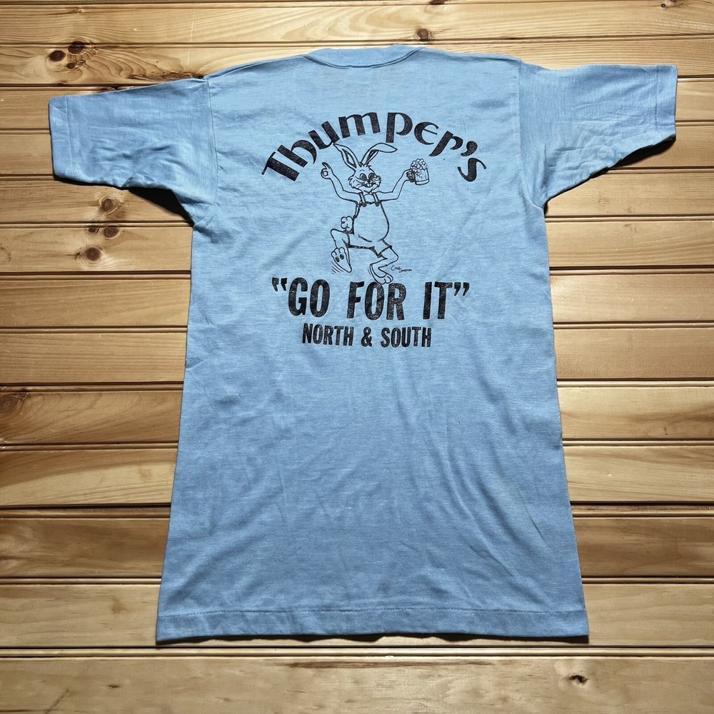 Vintage 70s 80s “ THUMPERS ” Go For It Bar Shirt Size Medium Drunk Bunny Rabbit