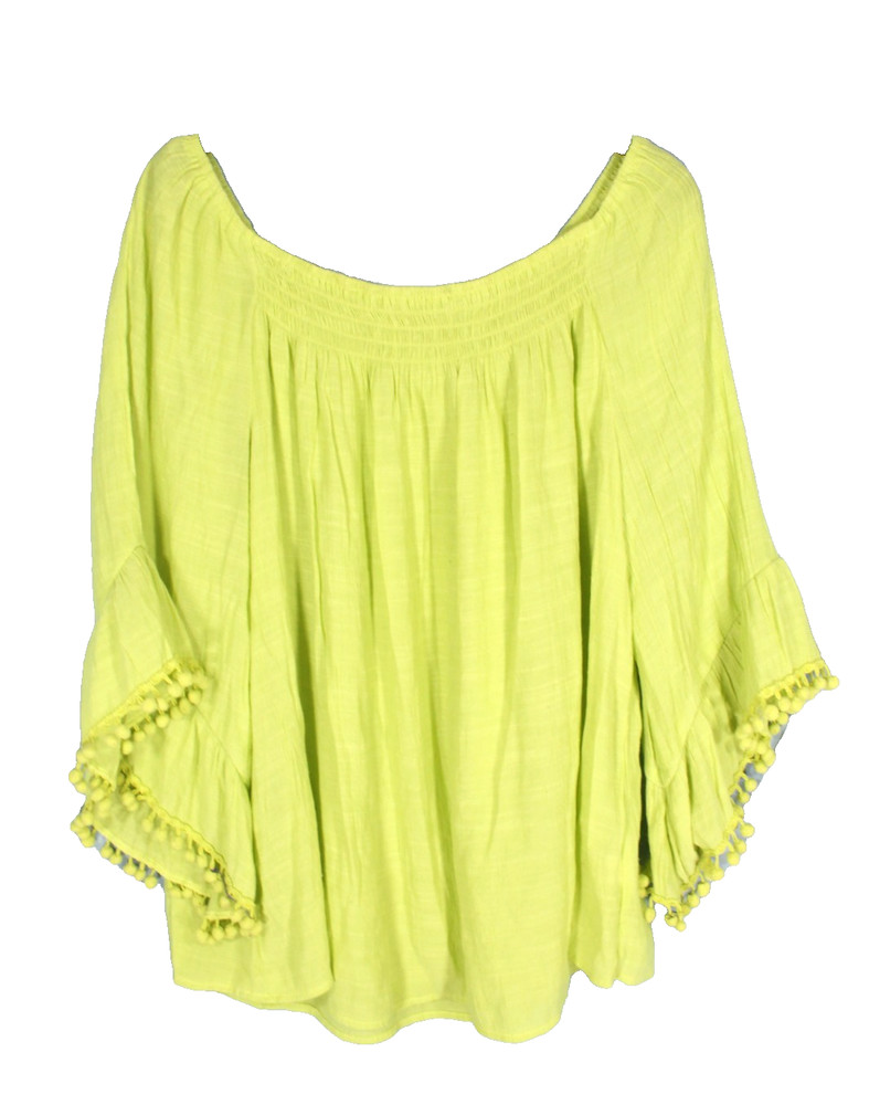 CATO PEASANT TOP Lime Green SMOCKED NECKLINE Pom-Pom Bell Sleeve BLOUSE 22/24W
