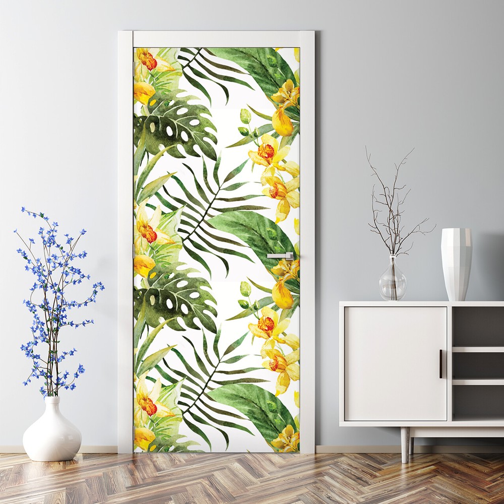 Bubble Free Door sticker Canna flowers Tropical floral Murals Exotic leaf