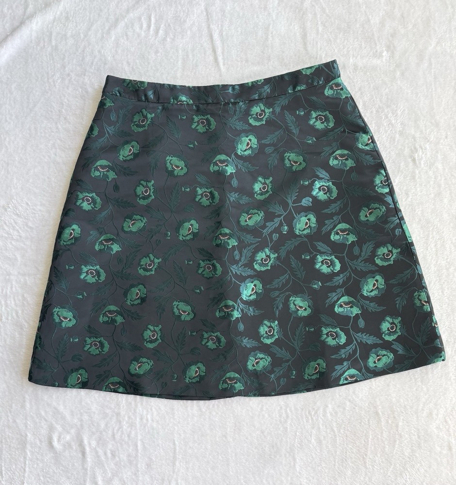 J.CREW Women's Black/Green Floral Jacquard A-Line Short Zip Skirt Size 12