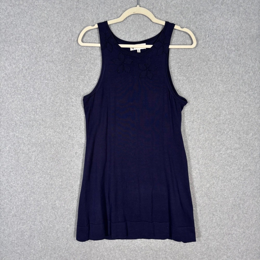 Adrienne Vittadini Knit Tunic Tank Top Medium Navy Floral Sweater Feminine