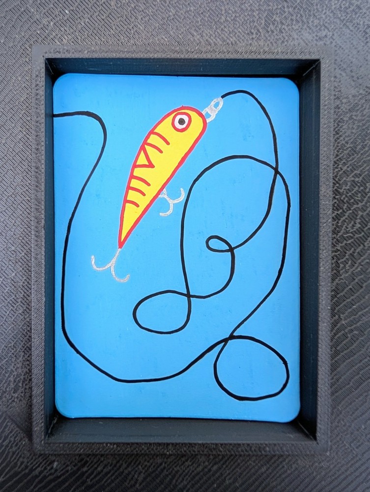 ACEO Original Hand Painted Acrylic Outdoors Lake Fishing Lure and Line Art Card