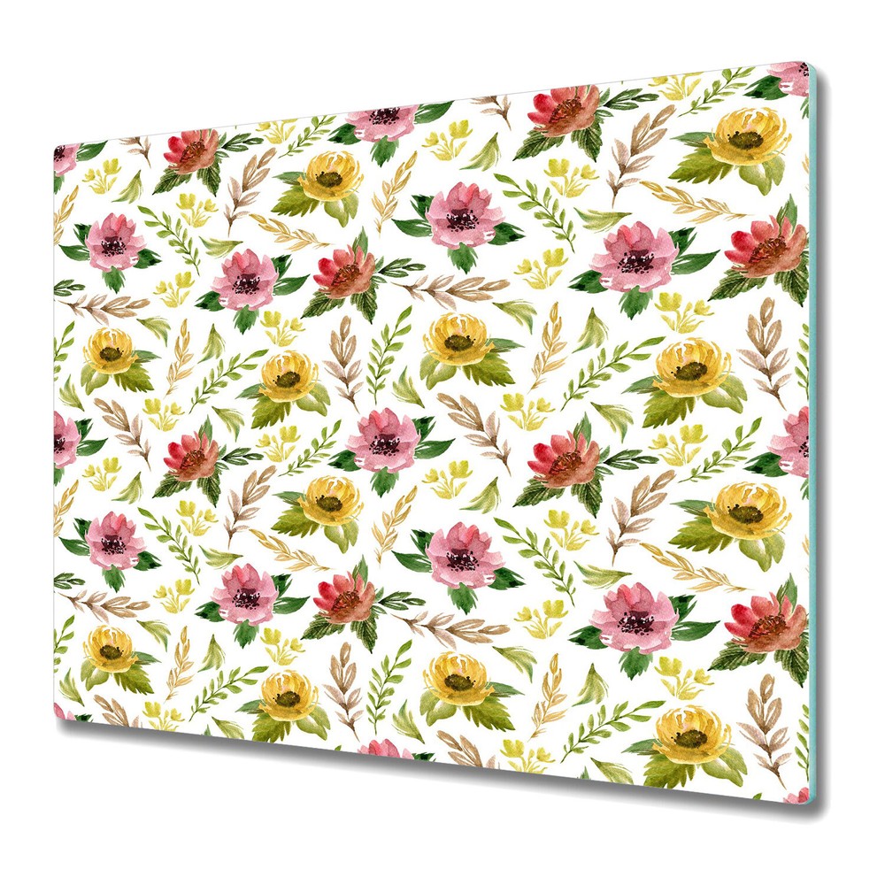Glass Chopping Cutting Board Watercolour Field Flowers Vintage Botanical 60x52
