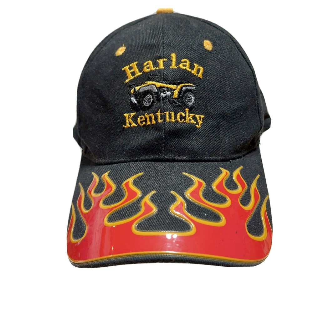 Harlan Kentucky Hat Black Red Flames Strapback Hat Flag in back Brand Cobra