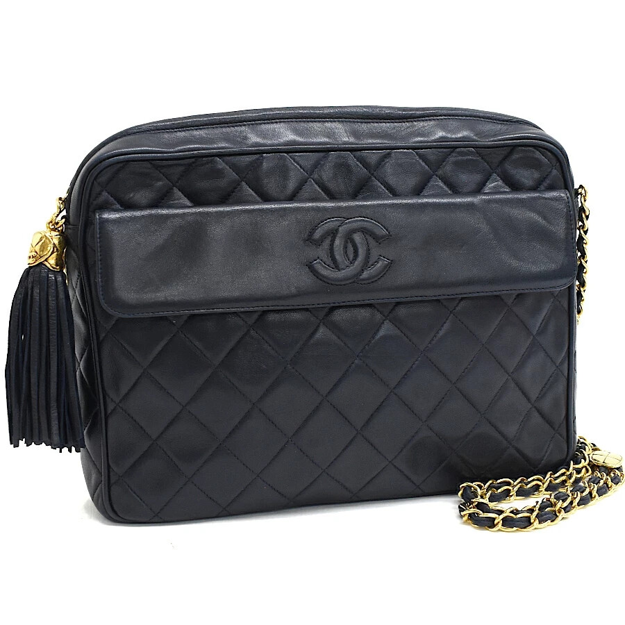 CHANEL Navy Leather Matelasse CC Tassel Chain Shoulder Bag Authentic