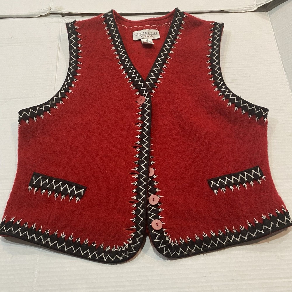 VINTAGE Cambridge Dry Goods 100% Boiled Wool Vest Womens Small Red Embroidered