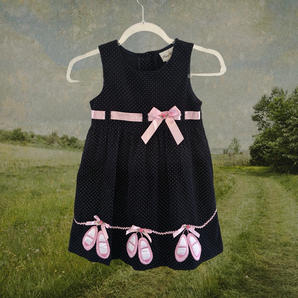Vintage Rare Editions girls Ballet Jumper Dress Navy Blue pink Polka Dot Size 5