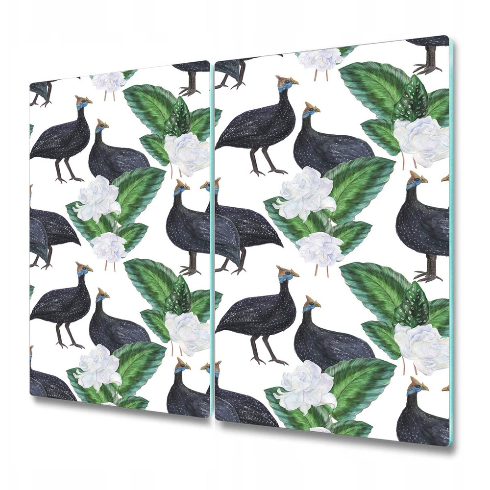 Glass Induction Ceramic Hob Cover Watercolour Guinea fowls black and green