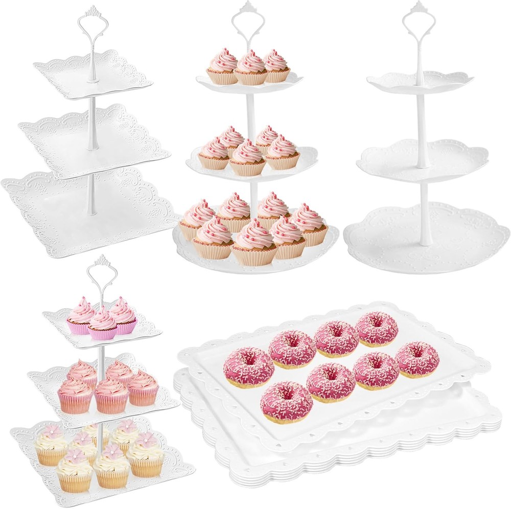 10-Piece White Plastic 3-Tier Cake Stand Set for Desserts